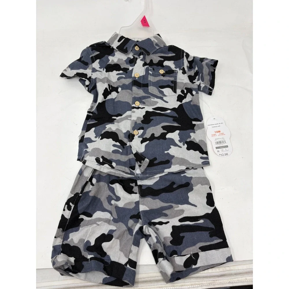 Wonder Nation Toddler Boys Gray Camo 2 Piece Shirt and Shorts Set 18M NWT